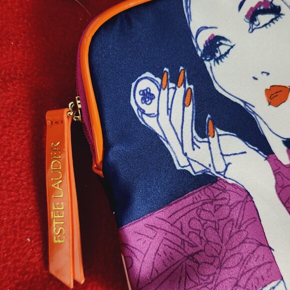 Estee Lauder Vintage Blue Orange Lilac Poly Trimmed in Polyurethane Makeup Bag - Picture 16 of 16